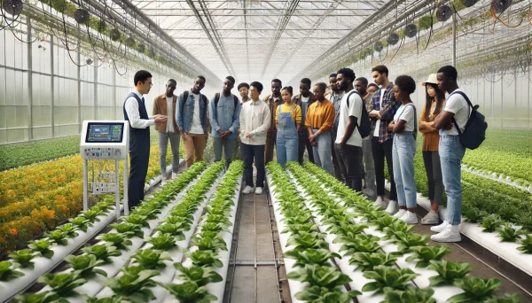 DALL·E 2024-12-20 16.04.32 - A realistic and simple scene of African students inside a vegetable greenhouse in China, participating in a smart agriculture training session. The st